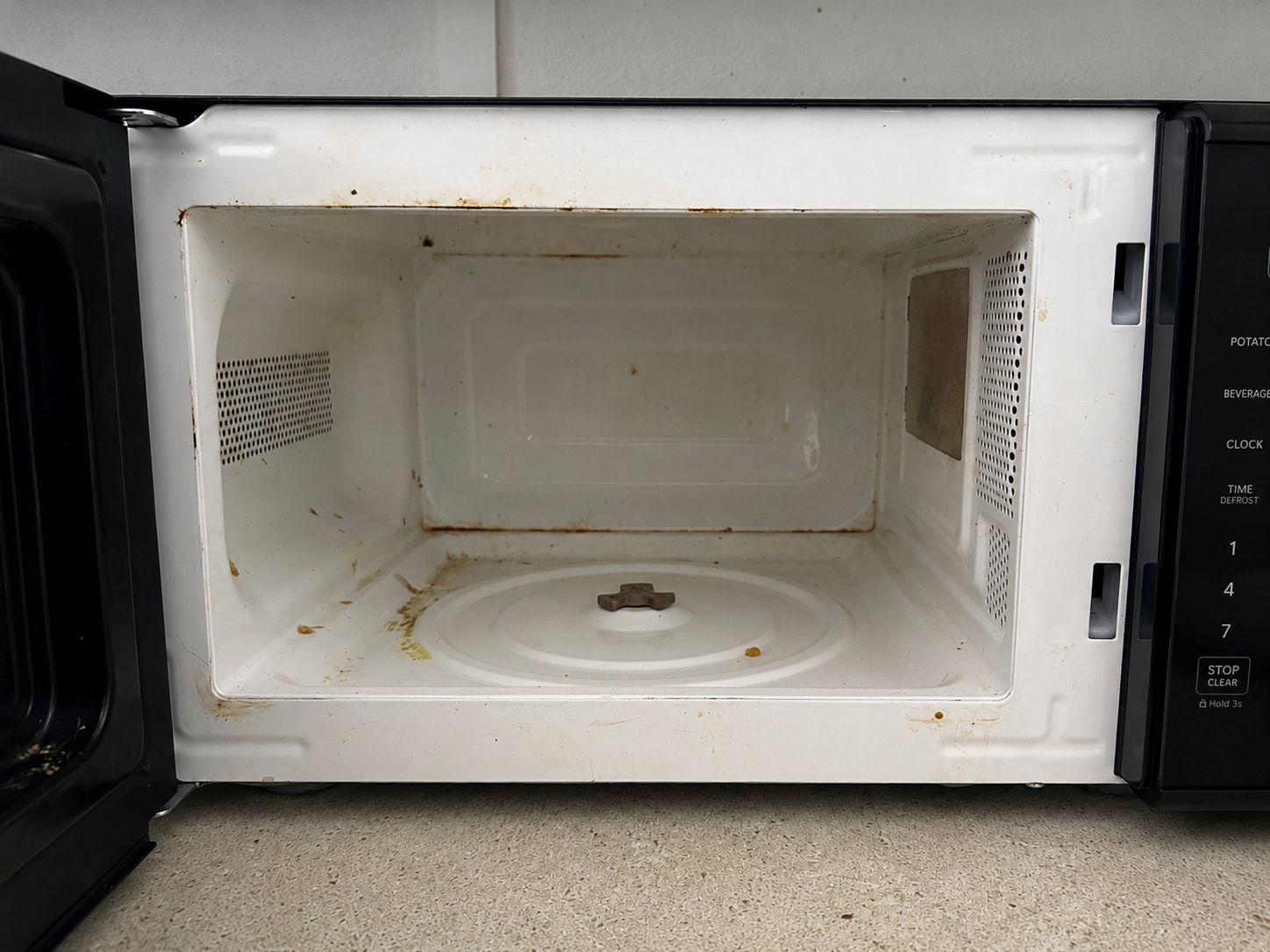 Microwave before detailed interior cleaning